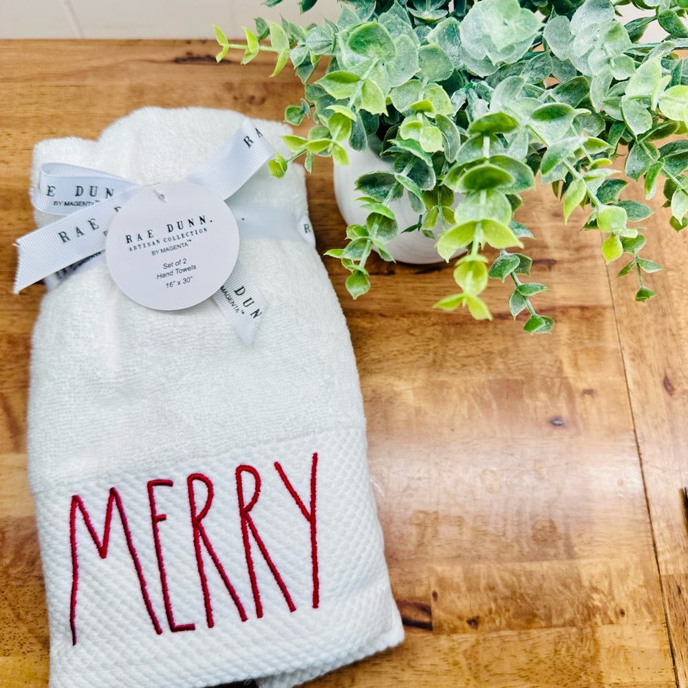 Rae Dunn White Towel with Red "MERRY" Embroidery